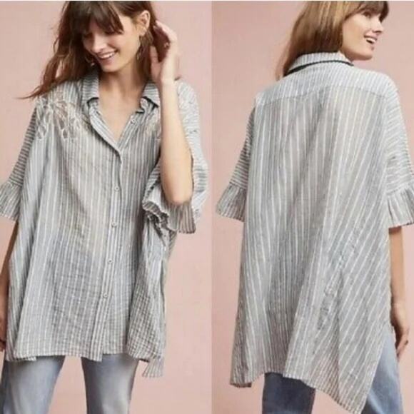 Maeve Anthropologie gray & white striped oversize button down shirt size XS/S - Picture 1 of 13
